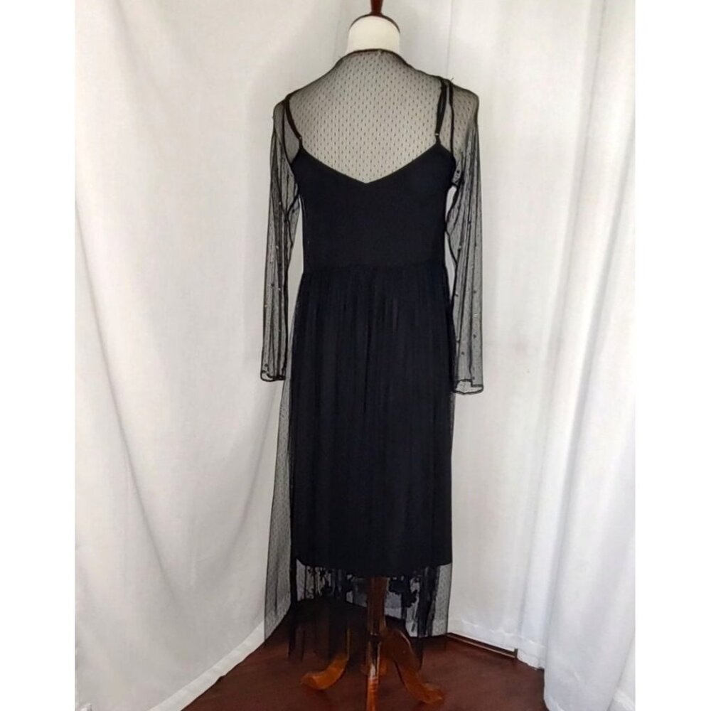 ZARA Floral Beaded Tulle Dress Sequin Mesh Sheer Midi Long Sleeve Plumeti - Picture 11 of 15